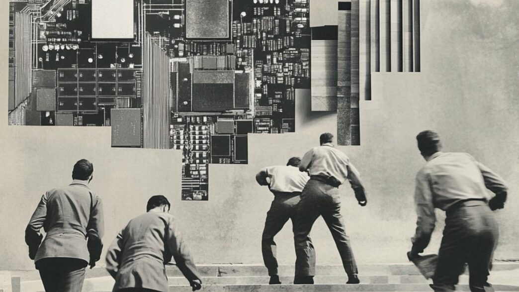 Imagen figurativa de un grupo de hombres tratando de alcanzar un semiconductor