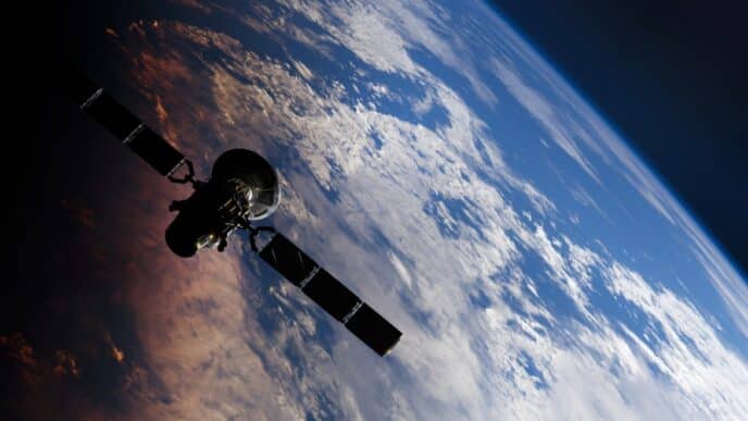 Satélite en el espacio, y la tierra, ilustración 3D