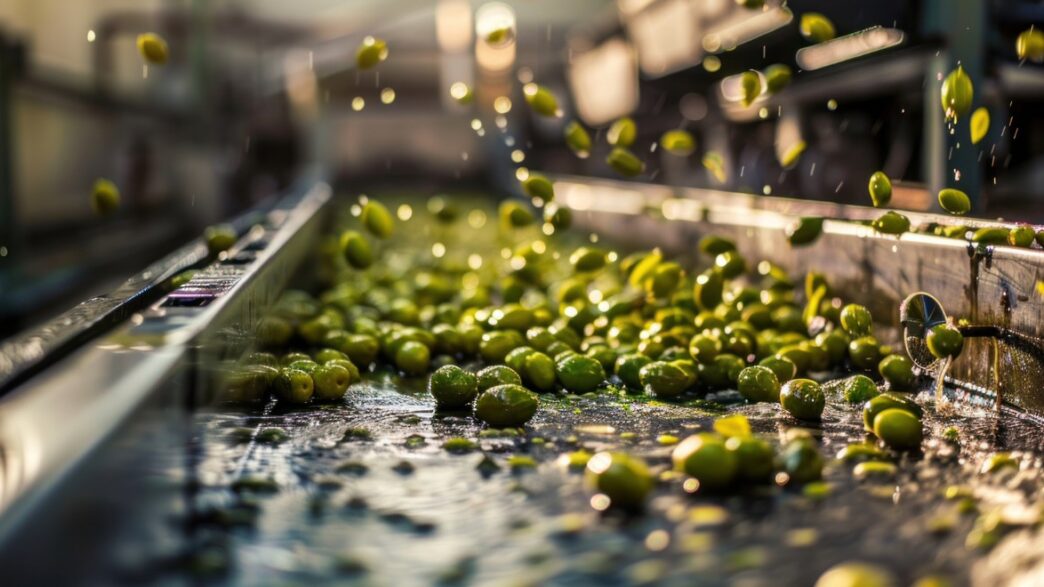 Proceso de limpieza de aceitunas en fábrica. Foto de Shutterstock