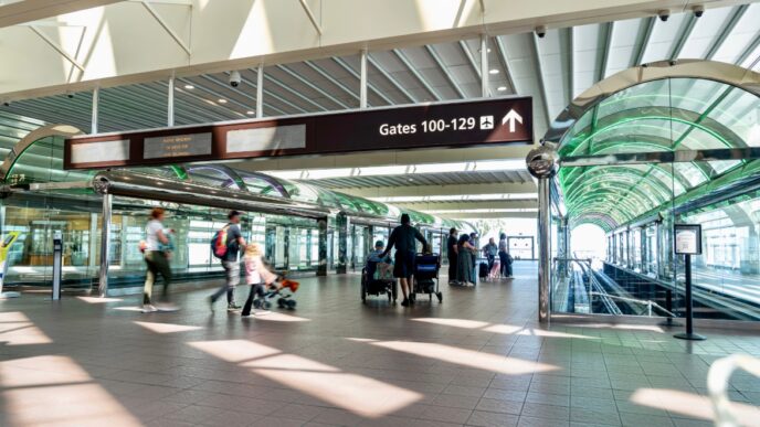Interior de un aeropuerto con pasajeros