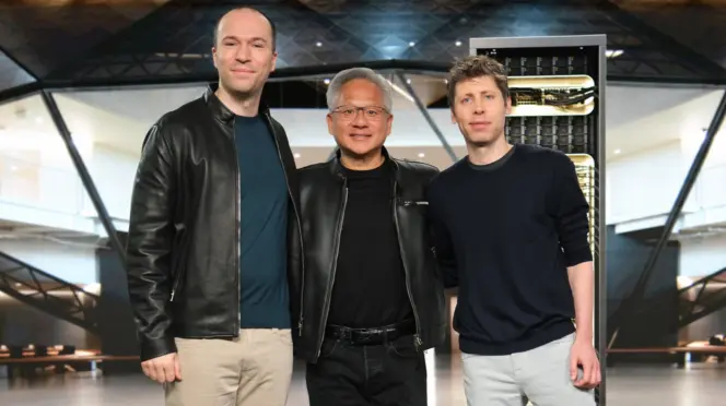 Greg Brockman, Jensen Huang y Sam Altman
