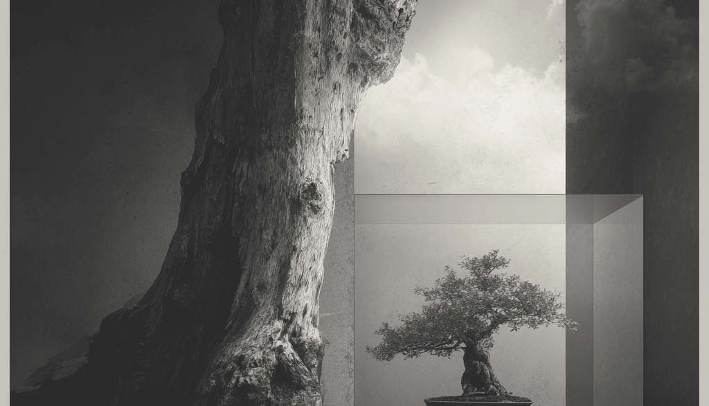 Un árbol frente a un bonsái