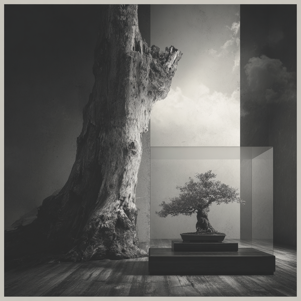 Un árbol frente a un bonsái