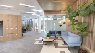 Hall de entrada a las nuevas oficinas de Almirall