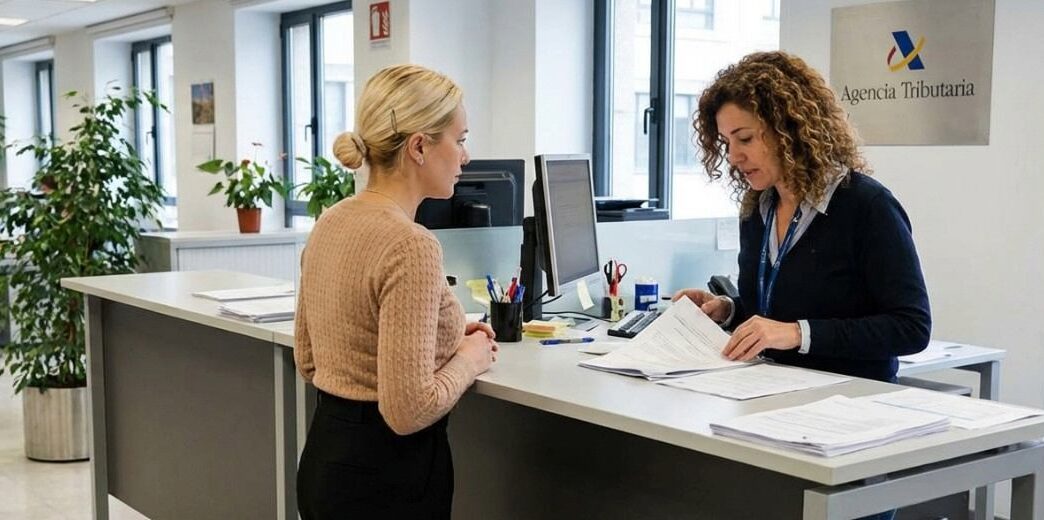 Una funcionaria atiende a una mujer en la Agencia Tributaria