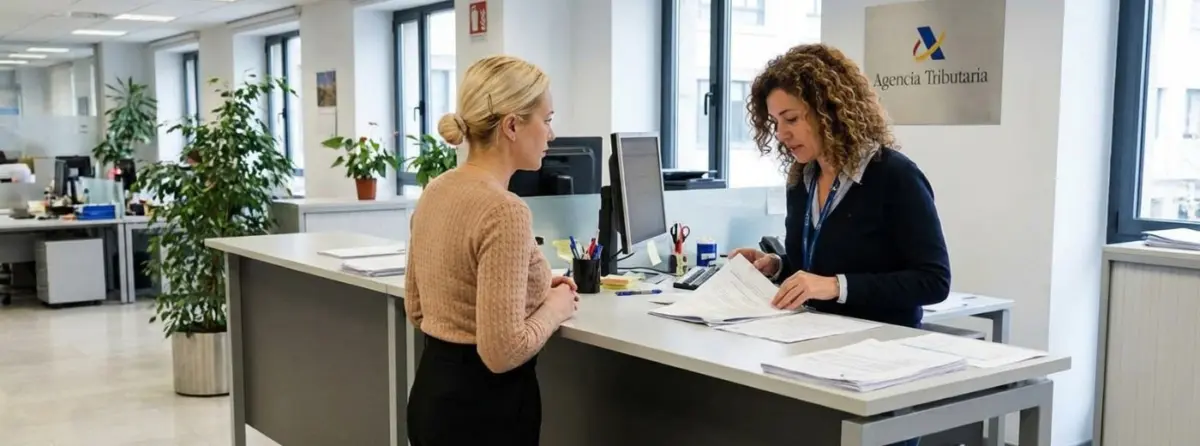 Una funcionaria atiende a una mujer en la Agencia Tributaria