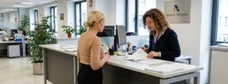 Una funcionaria atiende a una mujer en la Agencia Tributaria