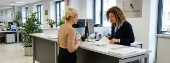 Una funcionaria atiende a una mujer en la Agencia Tributaria