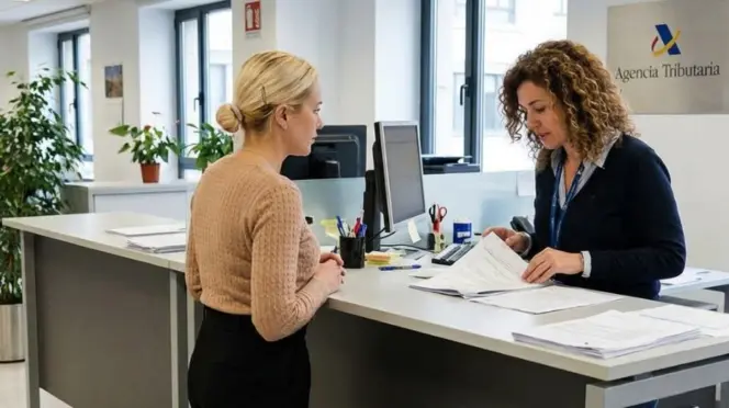 Una funcionaria atiende a una mujer en la Agencia Tributaria
