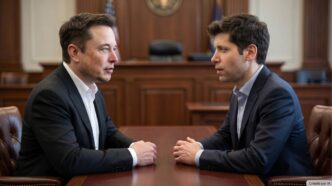 Imagen creada con IA de Altman y Musk enfrentándose en un tribunal