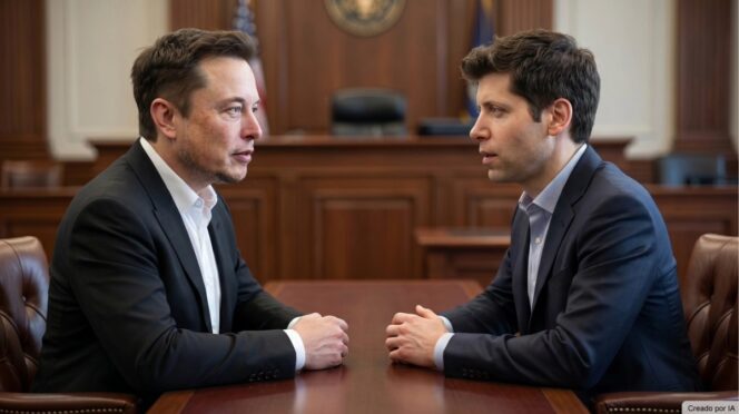 Imagen creada con IA de Altman y Musk enfrentándose en un tribunal