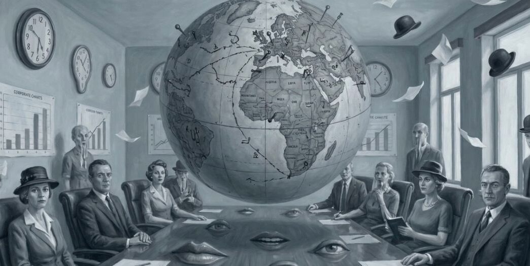 Imagen figurativa de consejeros en una sala viendo un mapamundi