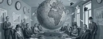 Imagen figurativa de consejeros en una sala viendo un mapamundi