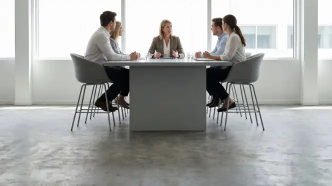 Una Chief Corporate Officer lidera una reunión de su departamento