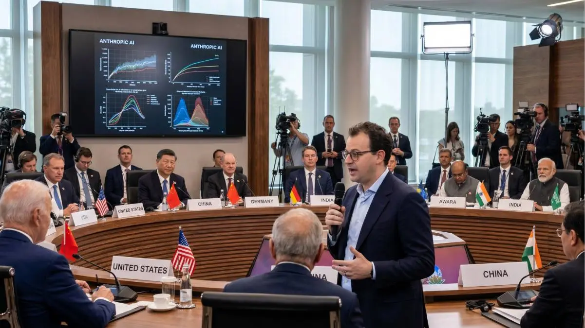 Imagen creada con IA de Dario Amodei ante los miembros del G20