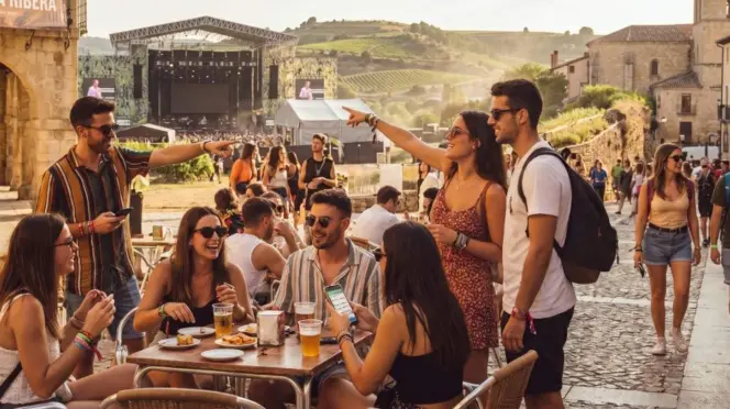 Imagen generada con IA de jóvenes disfrutando de una ciudad dentro de un festival