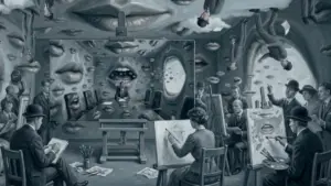 Imagen figurativa creada por IA de varias personas copiando una imagen