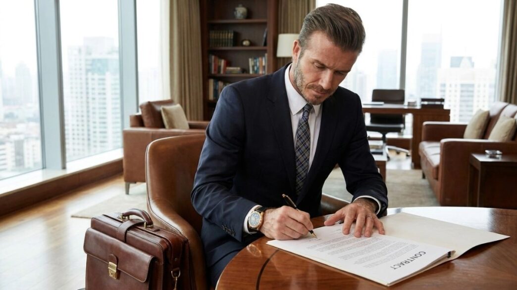 Recreación por IA de Beckham firmando un contrato