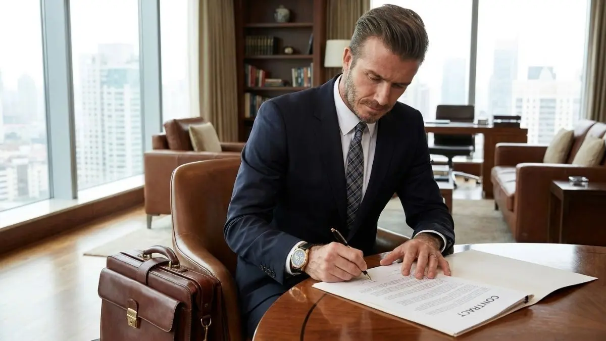 Recreación por IA de Beckham firmando un contrato