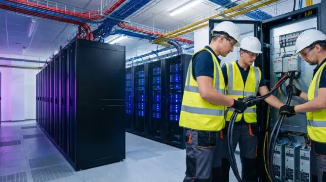 Recreación por IA de varios electricistas trabajando en un centro de datos