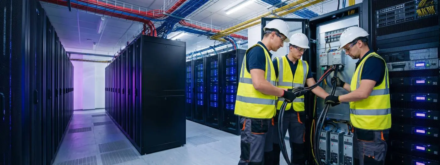 Recreación por IA de varios electricistas trabajando en un centro de datos