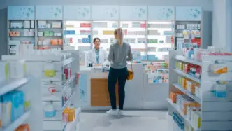 Una chica compra en una farmacia