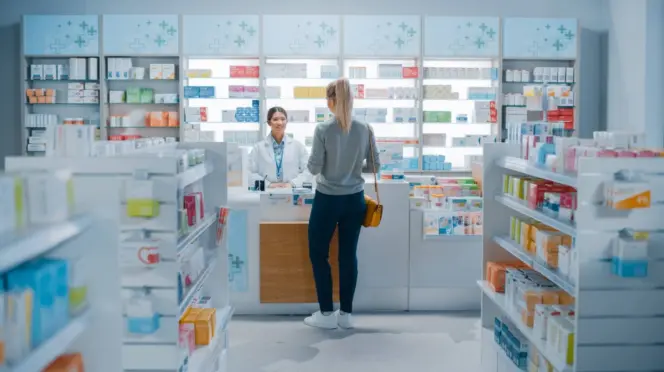 Una chica compra en una farmacia